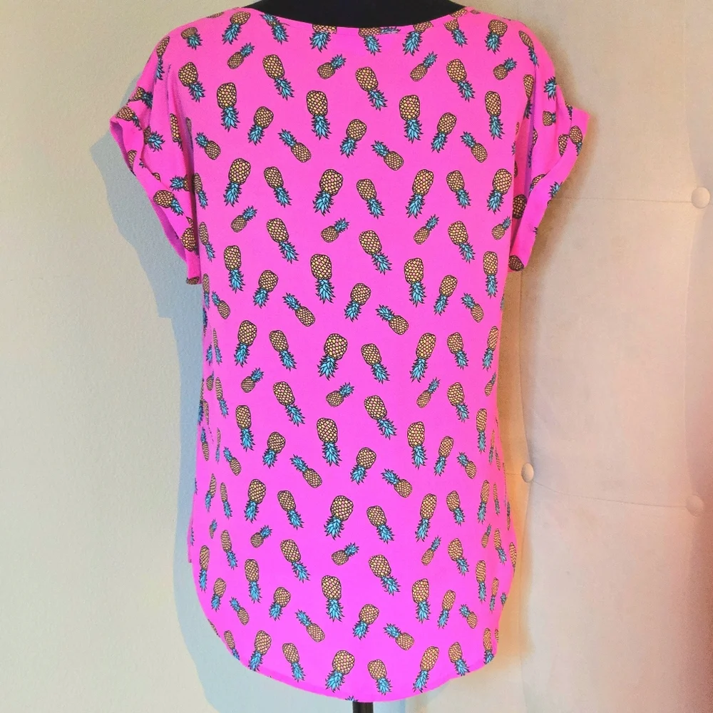 Playful Pineapples Pink Allover Print Top, Hi Low Hem, Cuff Sleeves by Pink Rose - Picture 2 of 6